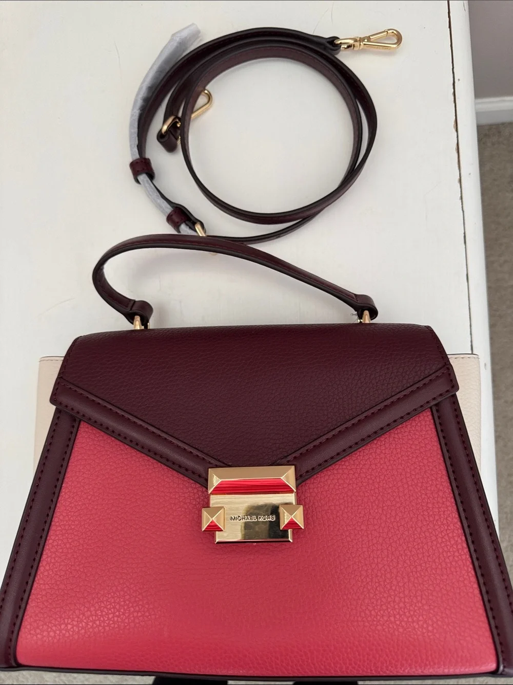 NWT Michael Kors Red & Burgundy Leather Top-Handle Satchel with cross body strap